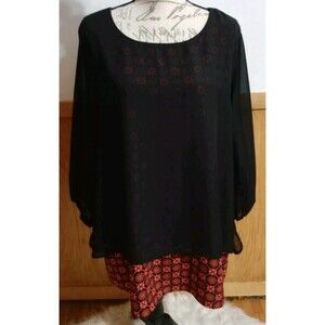 Hug Black & Orange Dressy LS Blouse Sz Plus 3X Pullover Top Sheer Sleeves VGUC